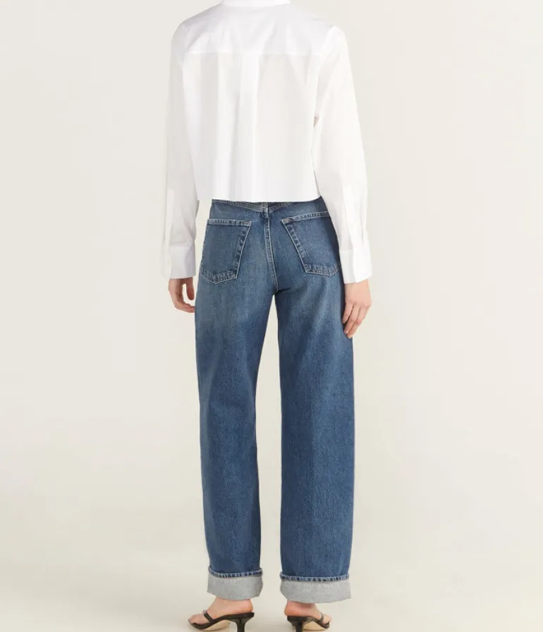 Tops-Theory Boxy Cropped Long Sleeve Shirt in White