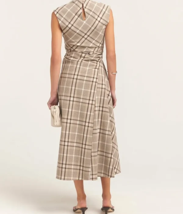 Dresses-Simkhai Burke Short Sleeve Draped Midi Dress in Sand Plaid