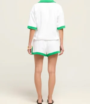 Tops-TERRY. Estate Towelling Tee in Bianco with Verde Trim