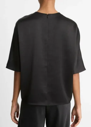 Tops-Vince Fluid Satin Short Sleeve Blouse in Black