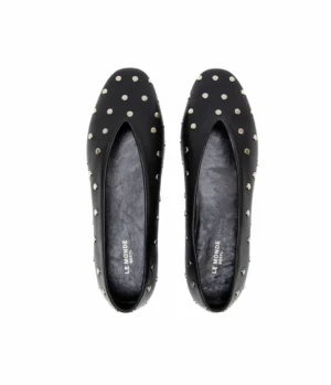 Flat Shoes-Le Monde Beryl Leather Studded Slippers in Black