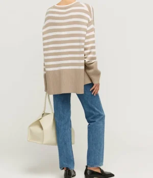 Loungewear | Knitwear-Allude Round Neck Wool and Cashmere Sweater in Sand Stripe