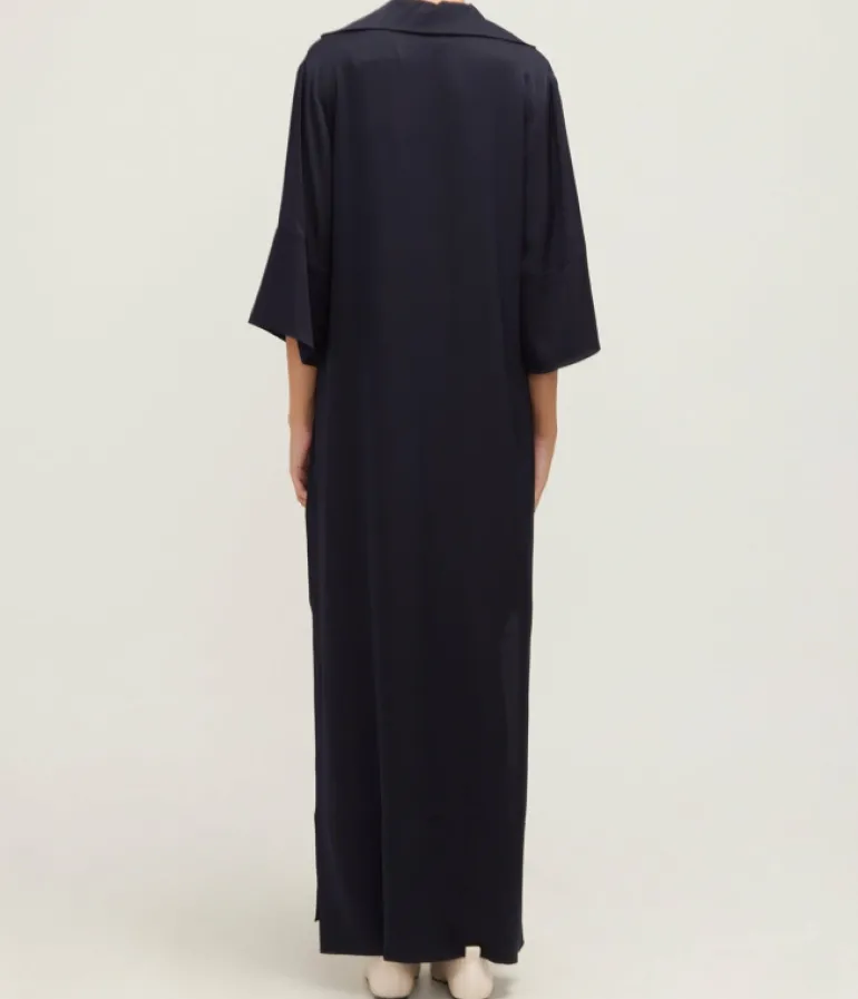Dresses-Allude Serafino V-Neck Silk Dress in Navy
