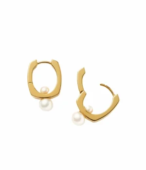 Jewellery | Earrings-Missoma Square Button Pearl Small Hoop Earrings in Gold