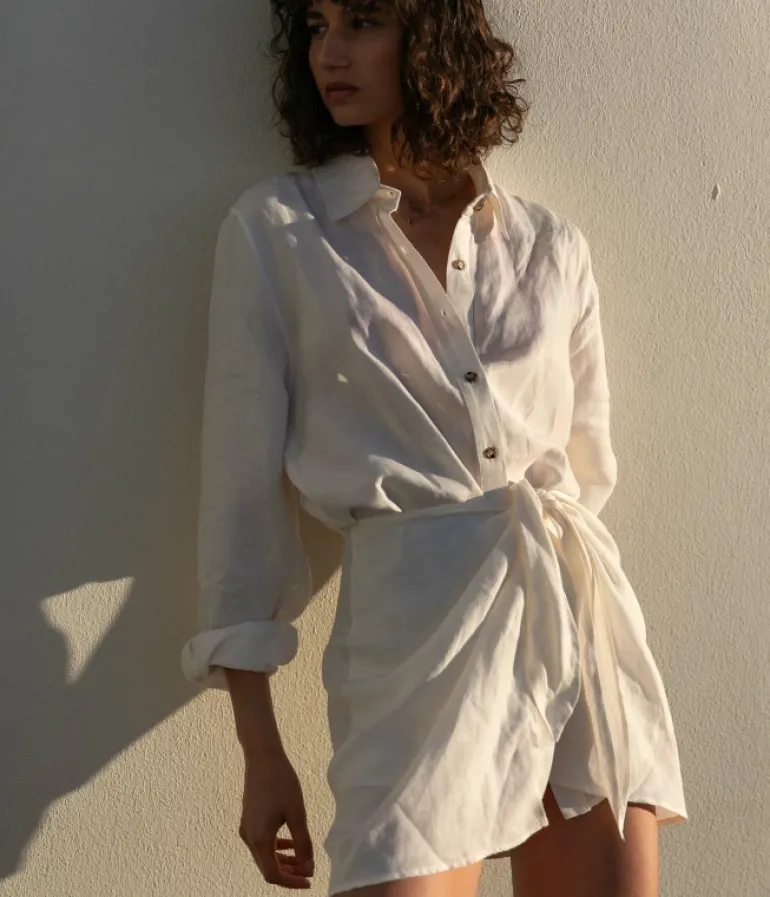 Dresses-Anemos The LA Linen Cupro Mini Wrap Dress in White