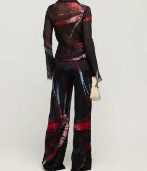 Pants-Louisa Ballou Wide Leg Silk Satin Pant in Red Silver Flower